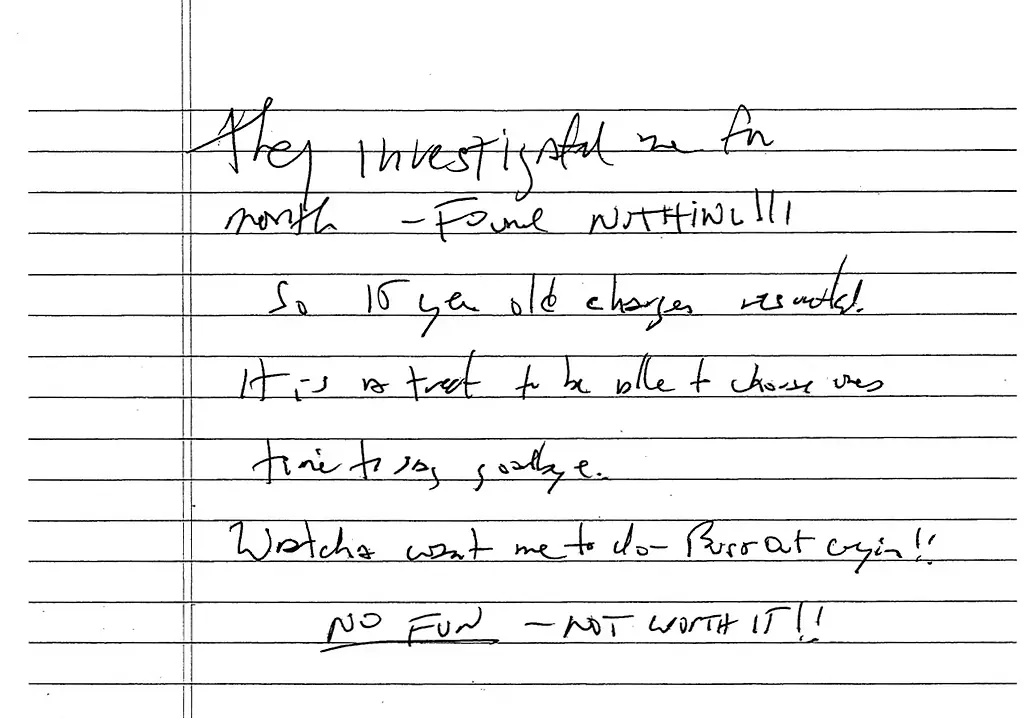 Jeffrey Epstein's alleged suicide note. Credit: US District Judge