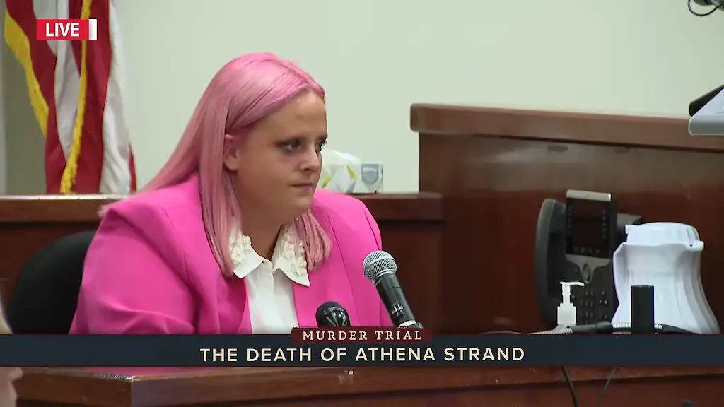 Maitlyn Gandy, mother of Athena Strand, in court at her daughter’s killer’s sentencing. Credit: WFAA