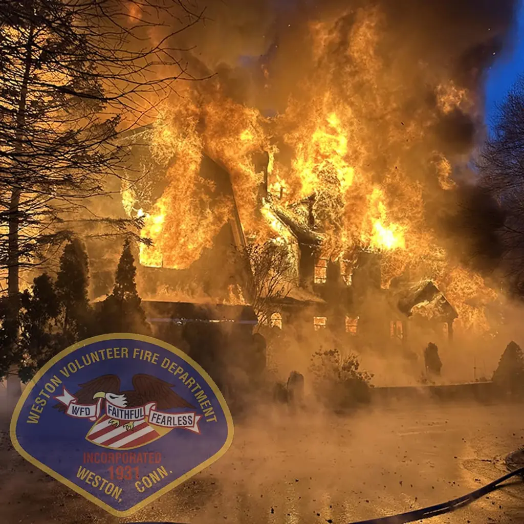 Photos of the fire show the home fully engulfed as firefighters raced to put out the blaze.  Credit: Weston Volunteer Fire Department