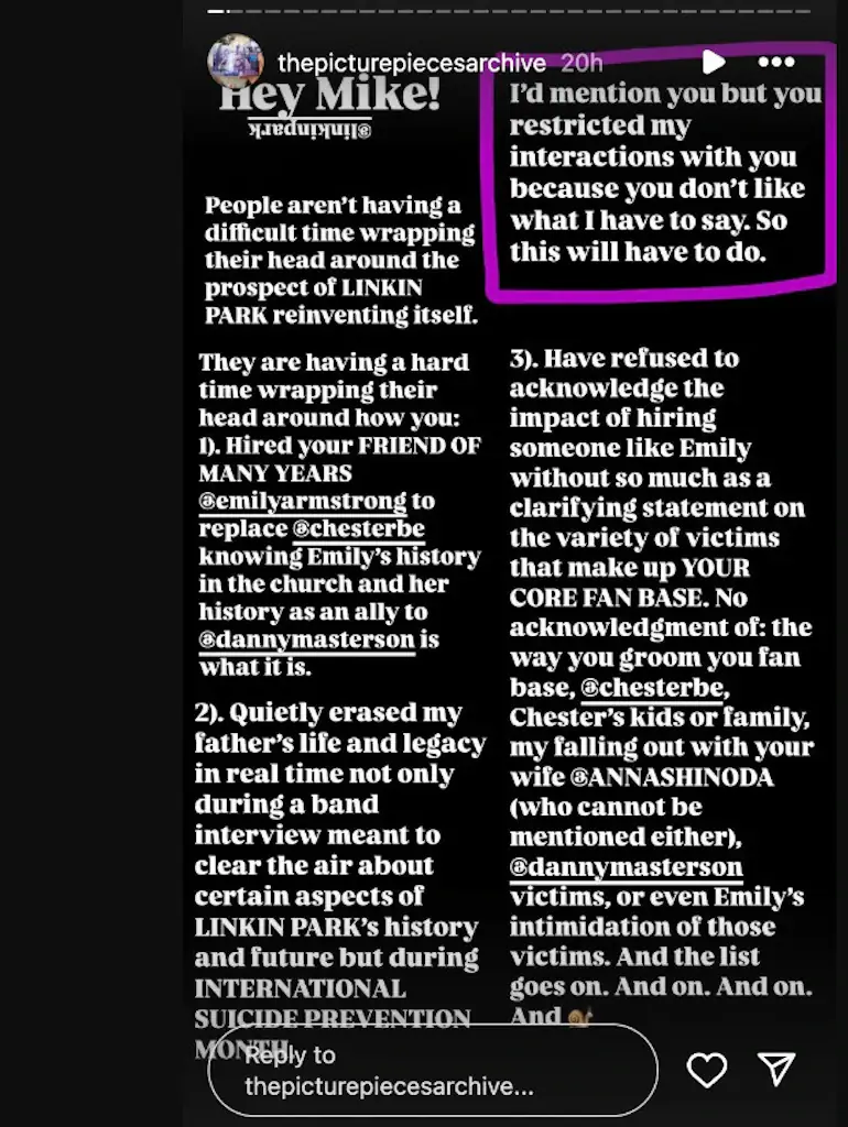 Chester's son Jamie hit out at the band for erasing his father's legacy. Credit: Thepicturepiecesarchive Instagram Story