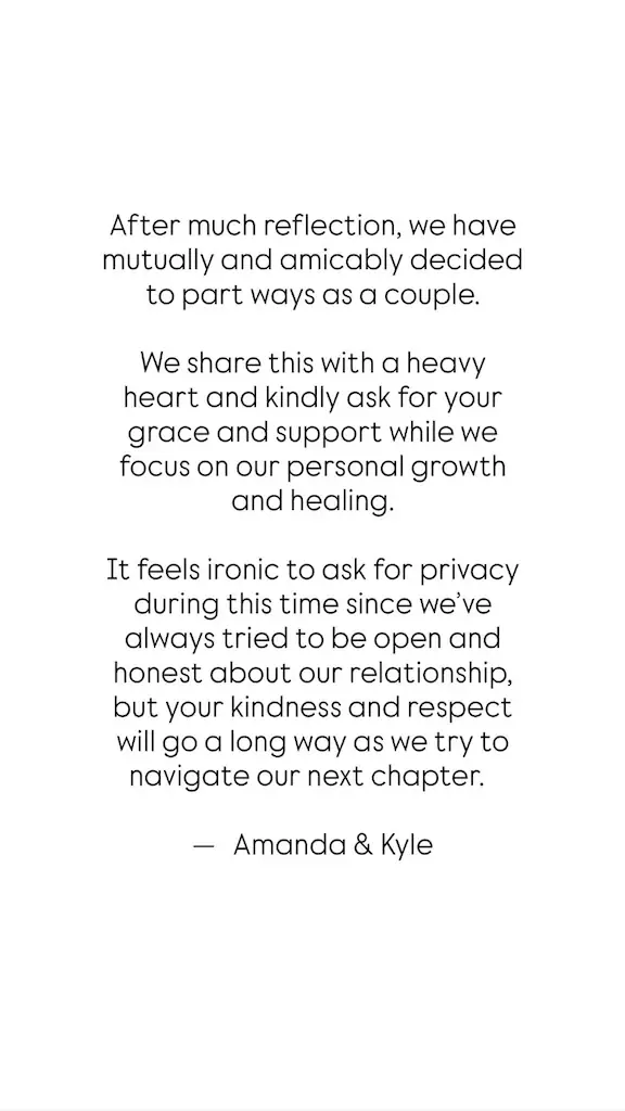 The former couple's statement. Credit: Amanda Batula / Instagram Story
