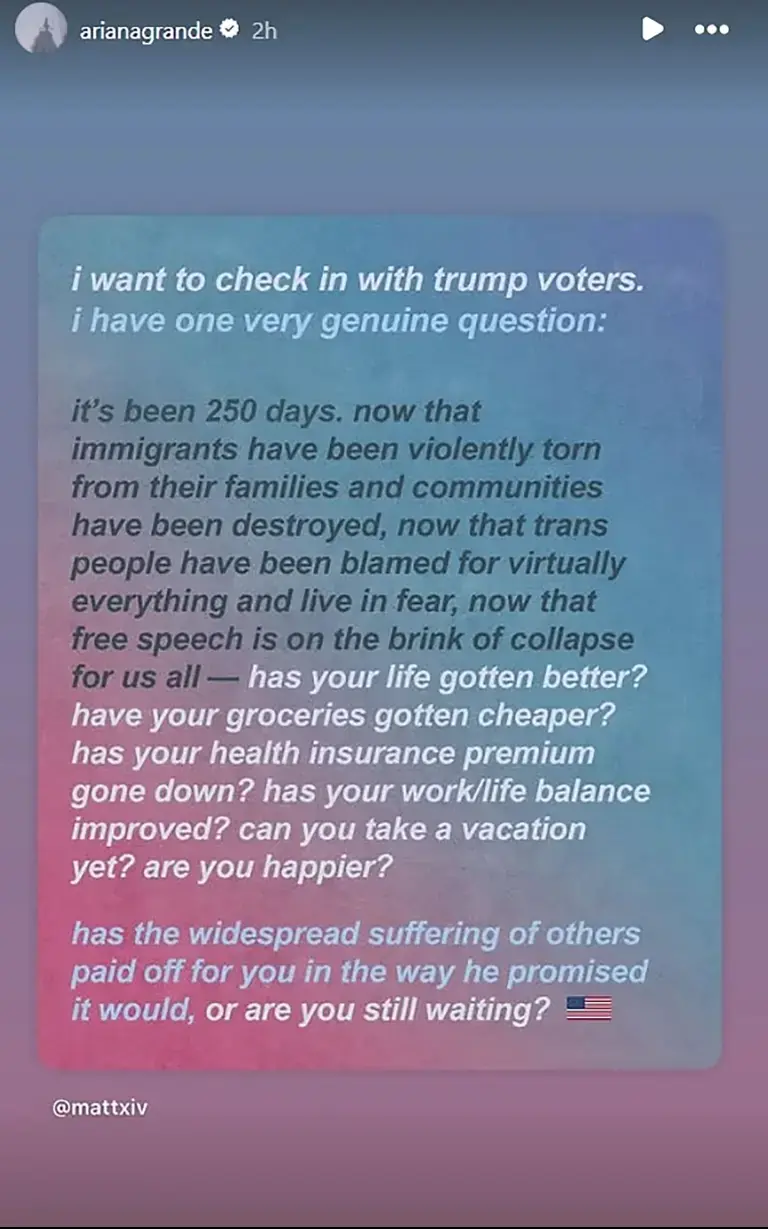 Ariana Grande shared the post taking aim at Trump's record in government. Credit: Instagram