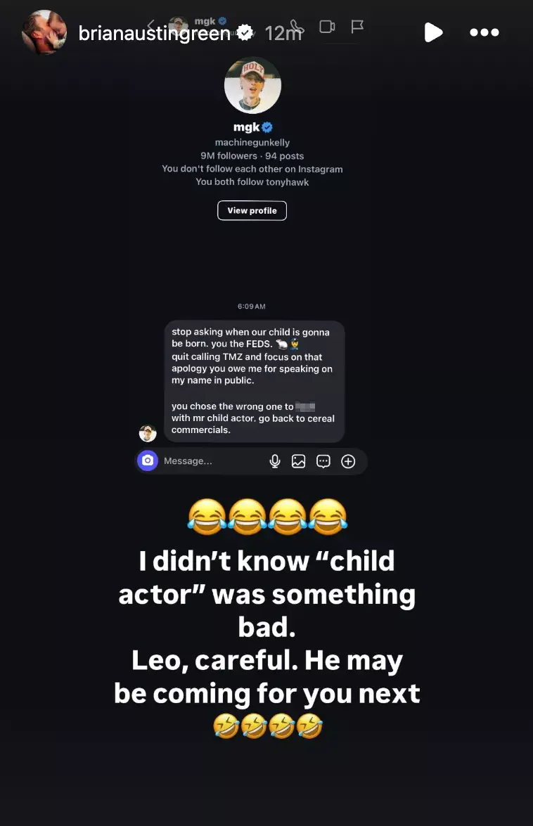 Brian Austin Green's Instagram Story of a DM with Machine Gun Kelly. Credit: Brian Austin Green/Instagram