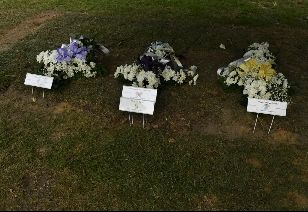  Shanann Watts, 34, her daughters Bella, 4, Celeste, 3, and unborn son Nico are at their final resting place at Bethesda Cemetery.Credit: RJ Sangosti / Getty