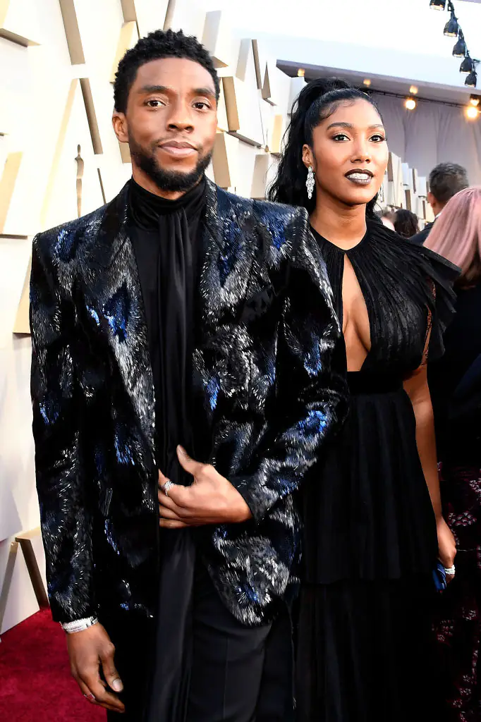 Chadwick Boseman and his wife, Taylor Ledward-Boseman. Credit: Kevork Djansezian / Getty Images.