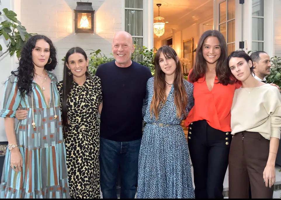 Bruce and Demi Rumer Willis, Demi Moore, Bruce Willis, Scout Willis, Emma Heming Willis and Tallulah Willis  Credit: Stefanie Keenan / Getty