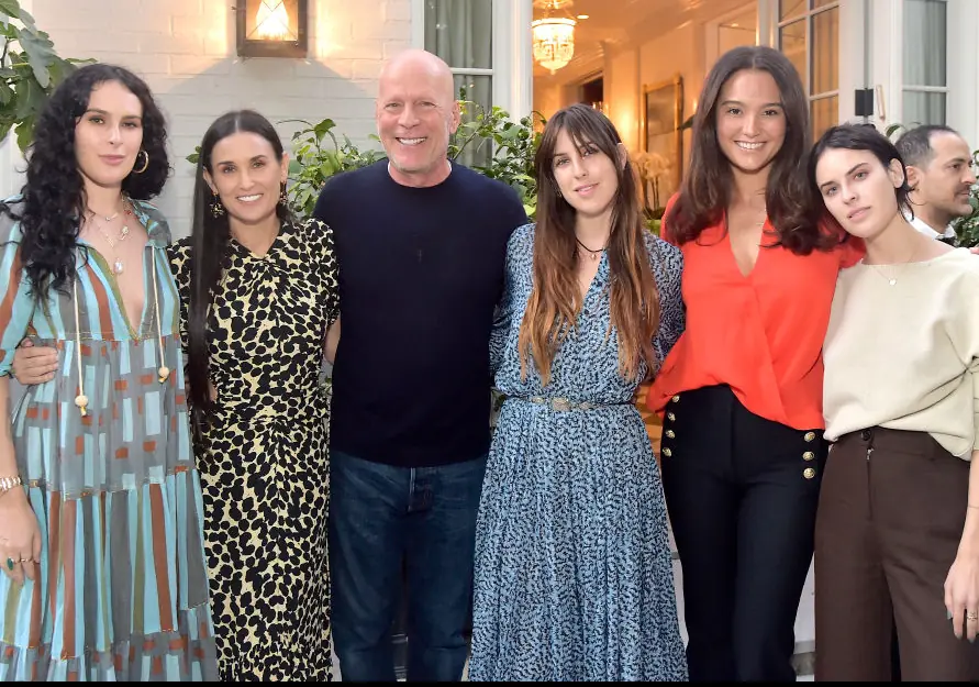 Bruce and Demi Rumer Willis, Demi Moore, Bruce Willis, Scout Willis, Emma Heming Willis and Tallulah Willis  Credit: Stefanie Keenan / Getty