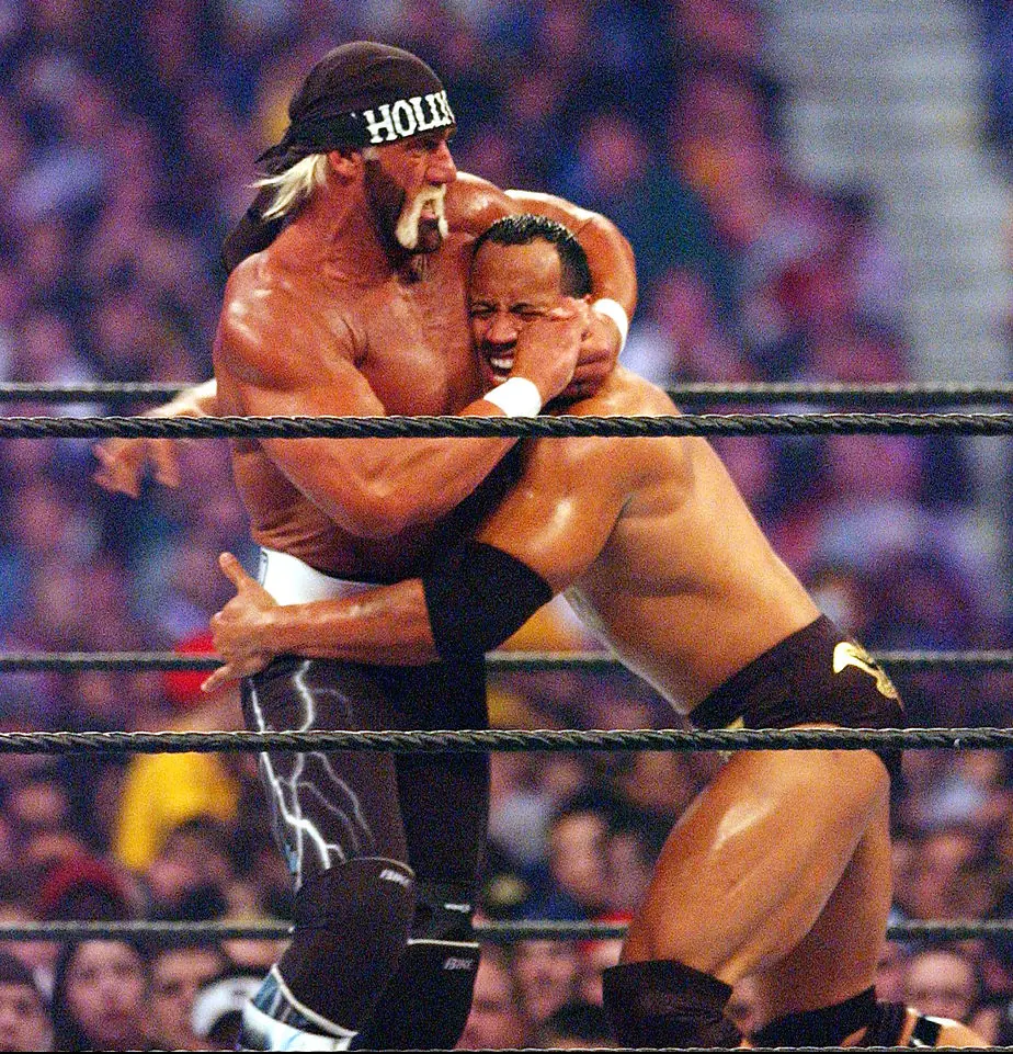 "Hollywood" Hogan and The Rock at WrestleMania X8. Credit: George Pimentel/WireImage/Getty Images