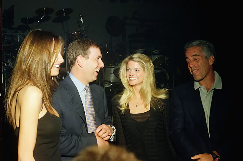 Melania Trump, Prince Andrew, Gwendolyn Beck and Jeffrey Epstein at a party at the Mar-a-Lago club, Palm Beach, Florida, February 12, 2000. Credit: Davidoff Studios / Getty Images.