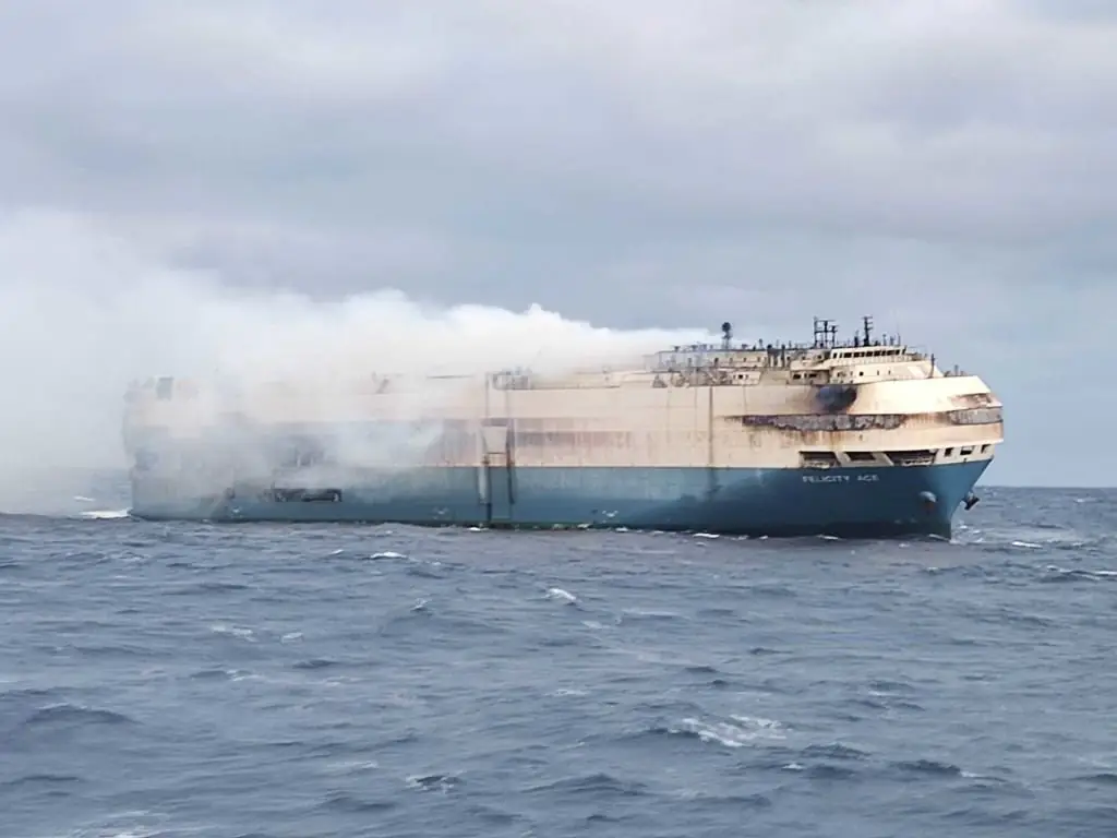 In February 2022, the cargo ship Felicity Ace caught fire in the Atlantic Ocean while carrying nearly 4,000 Volkswagen Group vehicles, including about 85 Lamborghinis. Credit: Anadolu / Getty