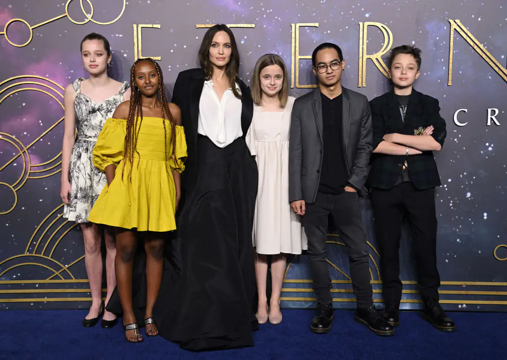 Angelina Jolie with her children: Shiloh, Zahara, Vivienne, Maddox, and Knox. Credit: Karwai Tang / Getty
