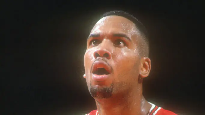LANDOVER, MD - DECEMBER 23: Stacey King #21 of the Chicago Bulls takes a foul shot during a NBA basketball game against the Washington Bullets at Capital Centre on December 23, 1992 in Landover, Maryland. (Photo by Mitchell Layton/Getty Images)