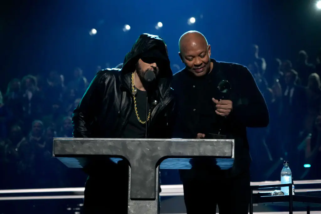 Eminem thanked Dr. Dre in his speech, among several other notable artists. Credit: Kevin Mazur/Getty Images for The Rock and Roll Hall of Fame