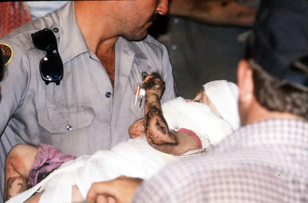 Baby Jessica remained in the pipe for 58 hours before being rescued at about 8:30 pm on October 16, 1987. Credit: Barbara Laing / Getty