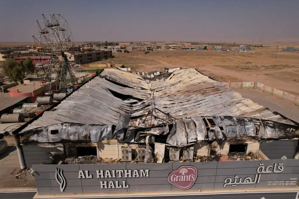 The damaged wedding hall after a fire broke out during Revan and Haneen's ceremony in Mosul, Iraq, on September 26, 2023. Credit:	Anadolu / Getty