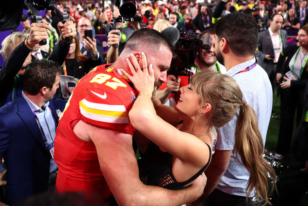 Travis and Taylor after the Super Bowl. Credit: Ezra Shaw/Getty
