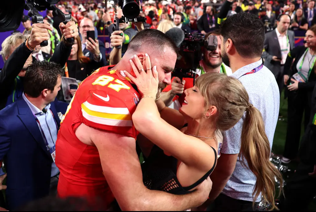 Travis and Taylor after the Super Bowl. Credit: Ezra Shaw/Getty