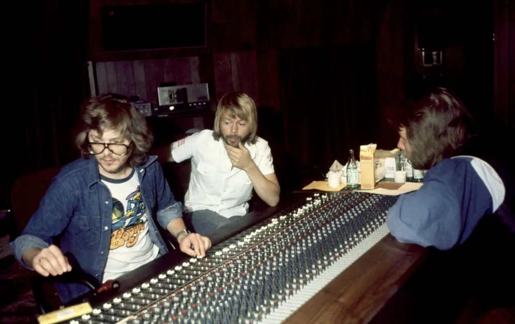 Michael B Tretow (left) pictured in the studio with ABBA's Björn Ulvaeus and Benny AnderssonCredit: Oscar Abolafia/TPLP/Getty
