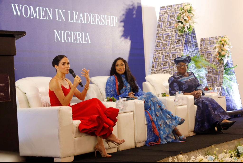 Meghan Markle speaks on a panel about women in leadership in Nigeria.