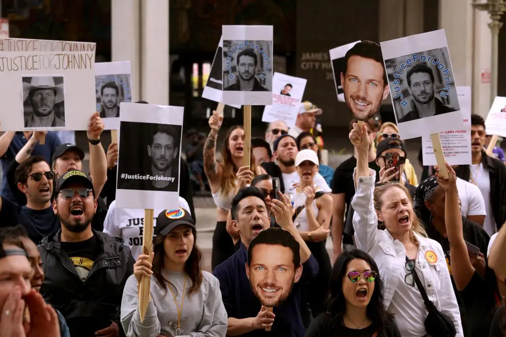 People calling for justice for Wactor in front of City Hall. Credit: Genaro Molina/Los Angeles Times/Getty