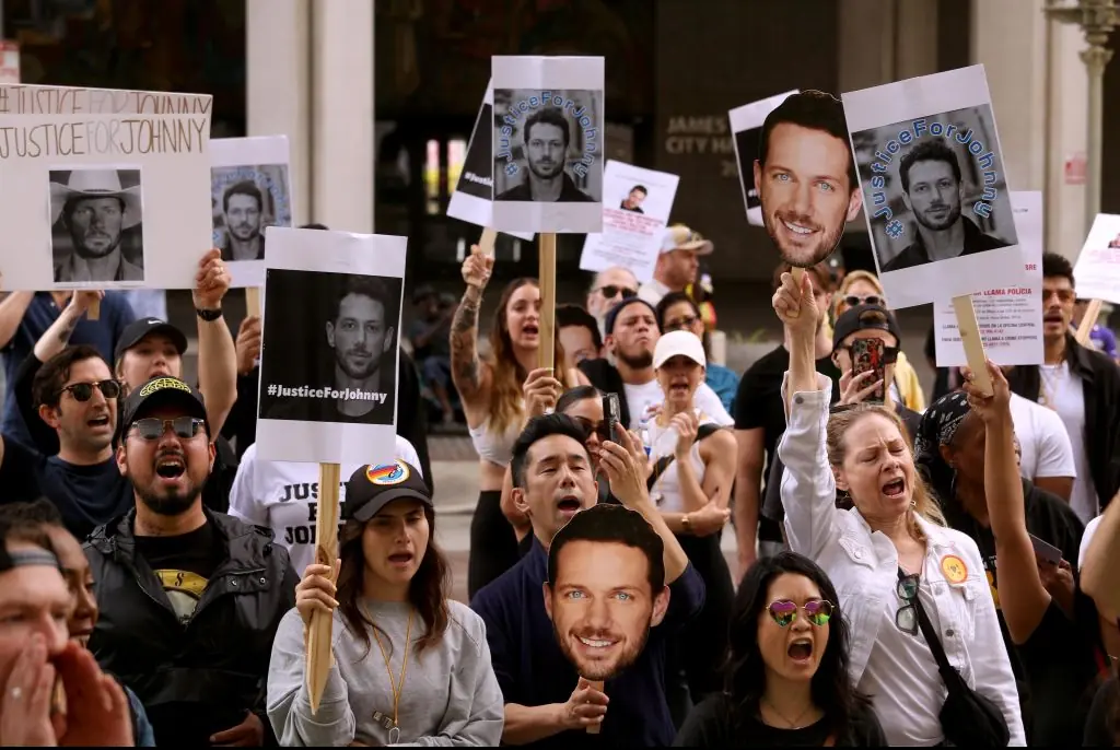 People calling for the justice of Wactor in front of City Hall. Credit: Genaro Molina/Los Angeles Times/Getty