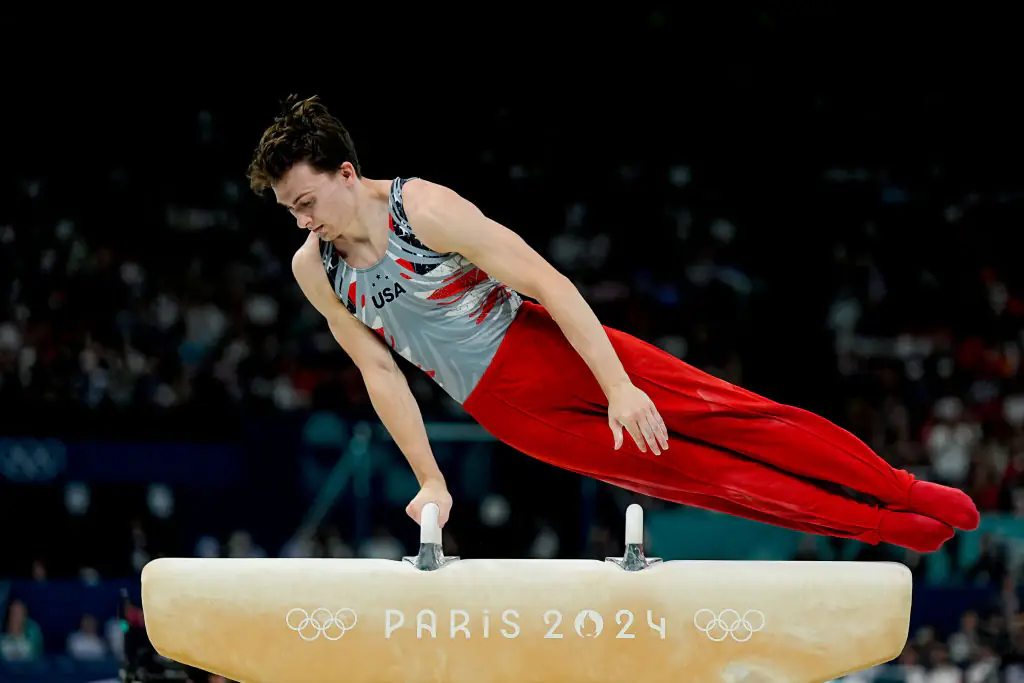 Nedoroscik of United States on Pommel Horse during the Men's Artistic Gymnastics Team Final. Credit: Daniela Porcelli/Eurasia Sport Images/Getty