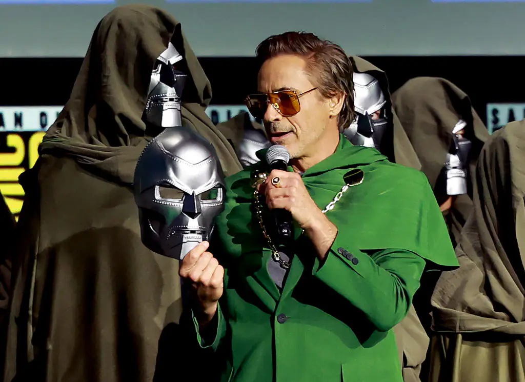 Robert Downey Jr. speaks onstage at the Marvel Studios Panel during 2024 Comic-Con International at San Diego Convention Center. Credit: Matt Winkelmeyer/Getty