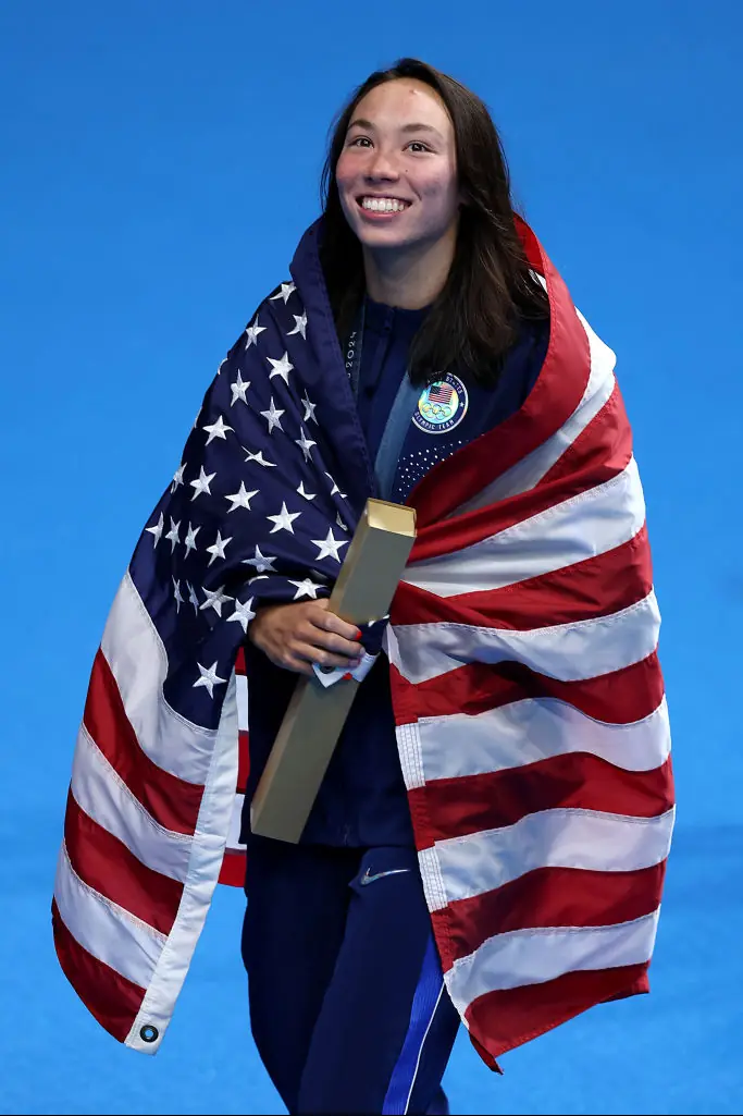 US Athlete Torri Huske won gold in the Women’s 100m Butterfly. Credit: Lintao Zhang/Getty