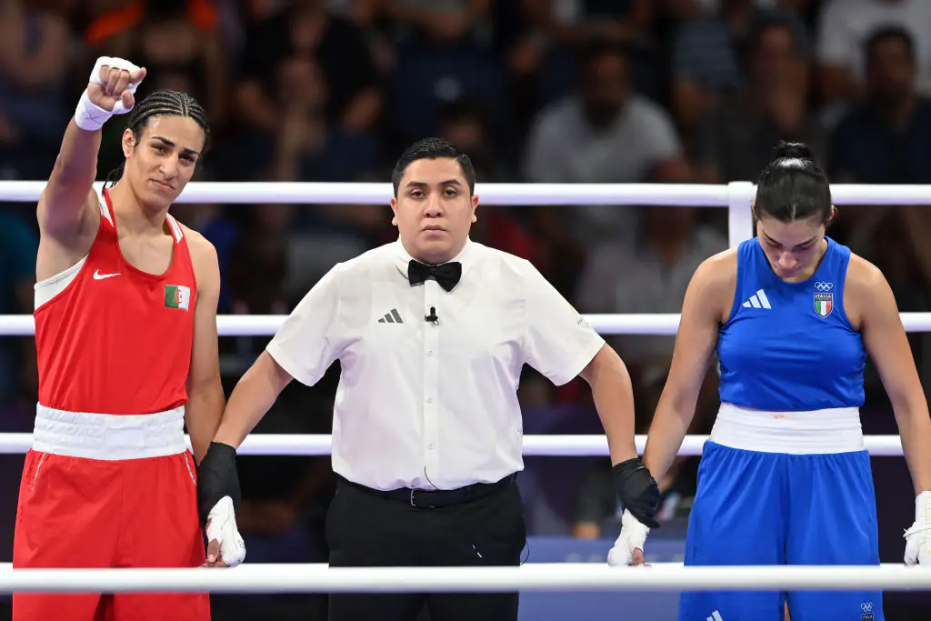 Khelif was announced the winner of her fight against the Italian boxer after just 46 seconds. Credit: Fabio Bozzani/Anadolu/Getty