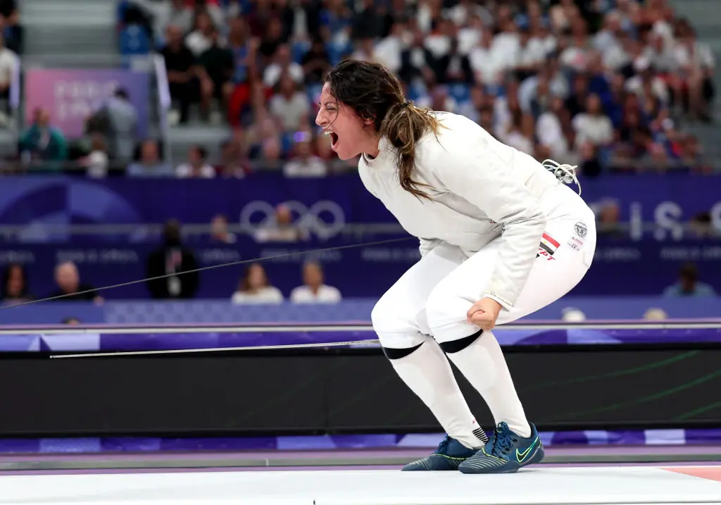 Hafez celebrated her victory after reaching the final 16 in the game. Credit: Al Bello/Getty 
