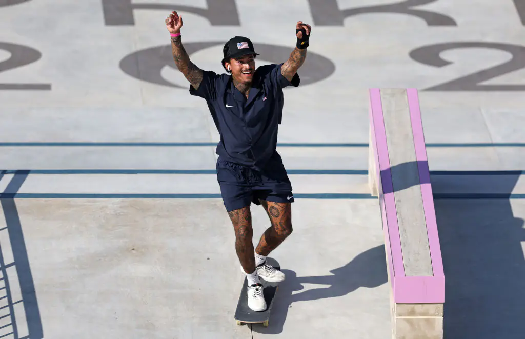 Huston came in third place at the men's skateboarding (street) competition. Credit: Stefan Matzke - sampics/Getty