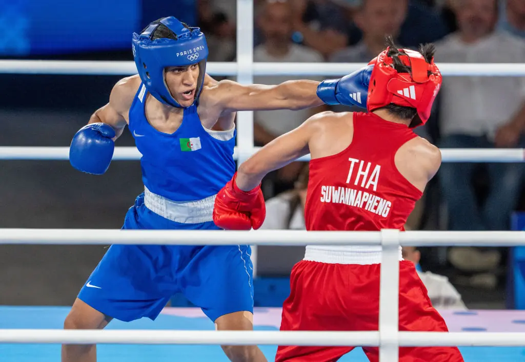Imane Khelif (blue) beat Janjaem Suwannapheng (red) of Thailand in the women's 66kg semi-final boxing match. Credit: Anadolu / Getty