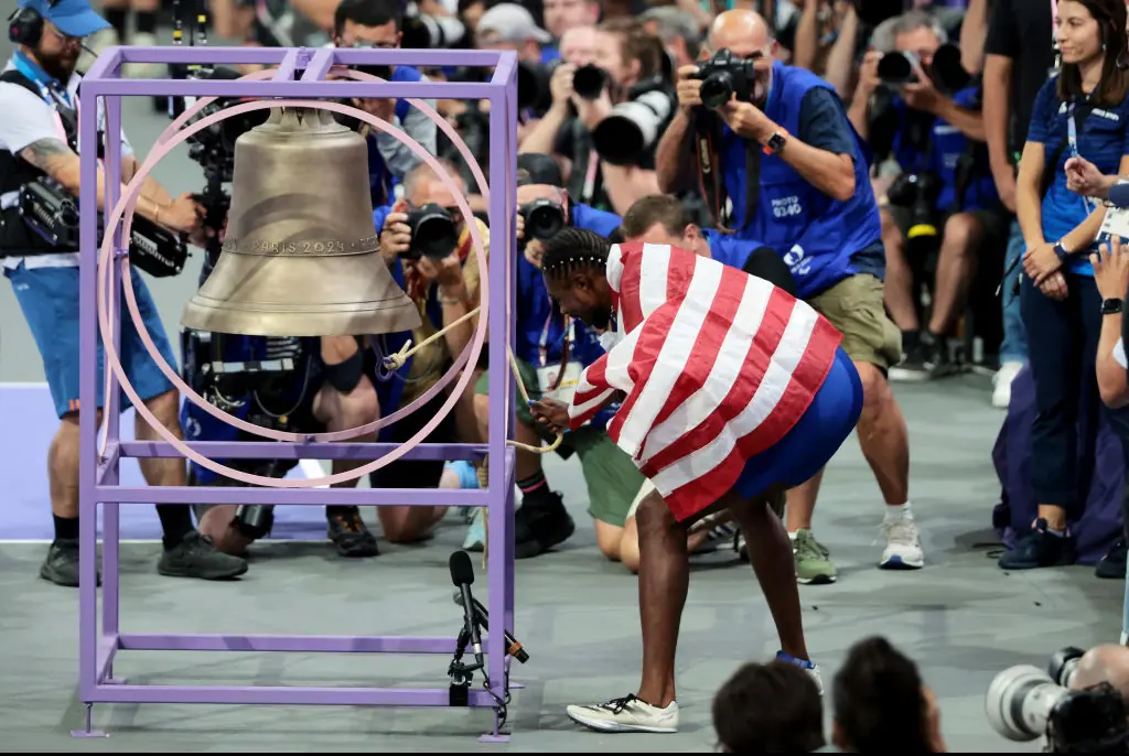 The giant bell has featured heavily in the Paris Olympics, as athletes such as Team USA's Noah Lyles have rung it after their wins. Credit: Jean Catuffe/Getty Images