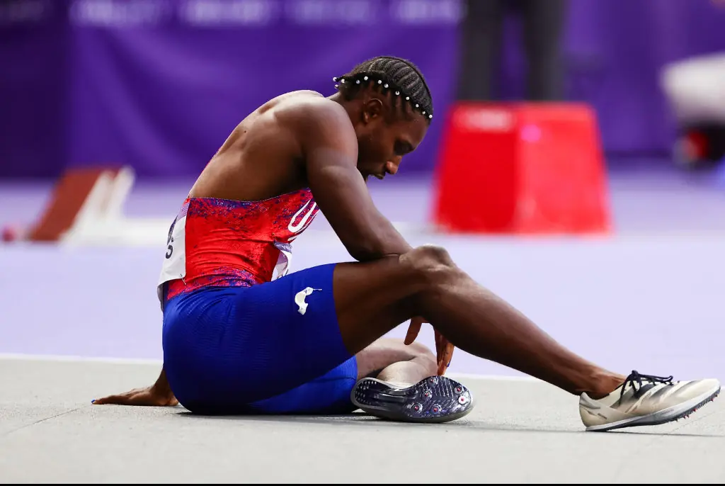 Lyles struggled to breathe after finishing in third place. Credit: Pete Dovgan/Speed Media/Icon Sportswire via Getty Images