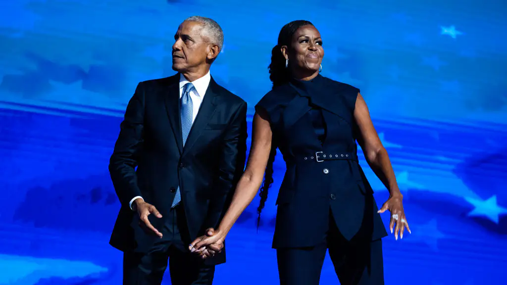UNITED STATES - AUGUST 20: Former President Barack Obama and former first lady Michelle Obama appear on stage on the second night of the Democratic National Convention at the United Center in Chicago, Ill., on Tuesday, August 20, 2024. (Tom Williams/CQ-Roll Call, Inc via Getty Images)