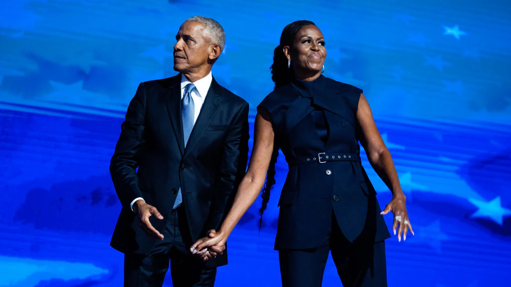 UNITED STATES - AUGUST 20: Former President Barack Obama and former first lady Michelle Obama appear on stage on the second night of the Democratic National Convention at the United Center in Chicago, Ill., on Tuesday, August 20, 2024. (Tom Williams/CQ-Roll Call, Inc via Getty Images)