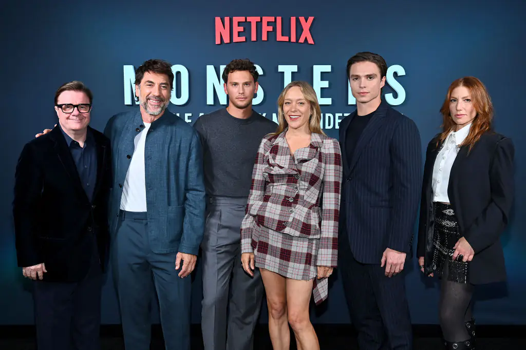 Nathan Lane, Javier Bardem, Cooper Koch, Chloë Sevigny, Nicholas Alexander Chavez, and, Ari Graynor at the Monsters: The Lyle and Erik Menendez Story premiere. Credit: Roy Rochlin / Getty