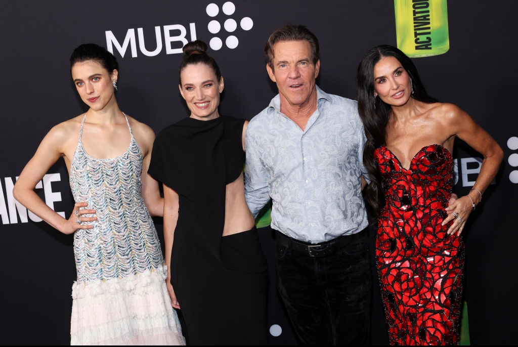 Margaret Qualley, Coralie Fargeat, Dennis Quaid and Demi Moore 