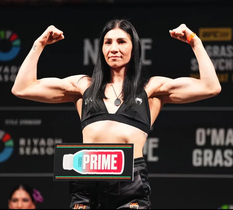 Irene Aldana during her weigh-in for the fight. Credit: Jeff Bottari / Getty