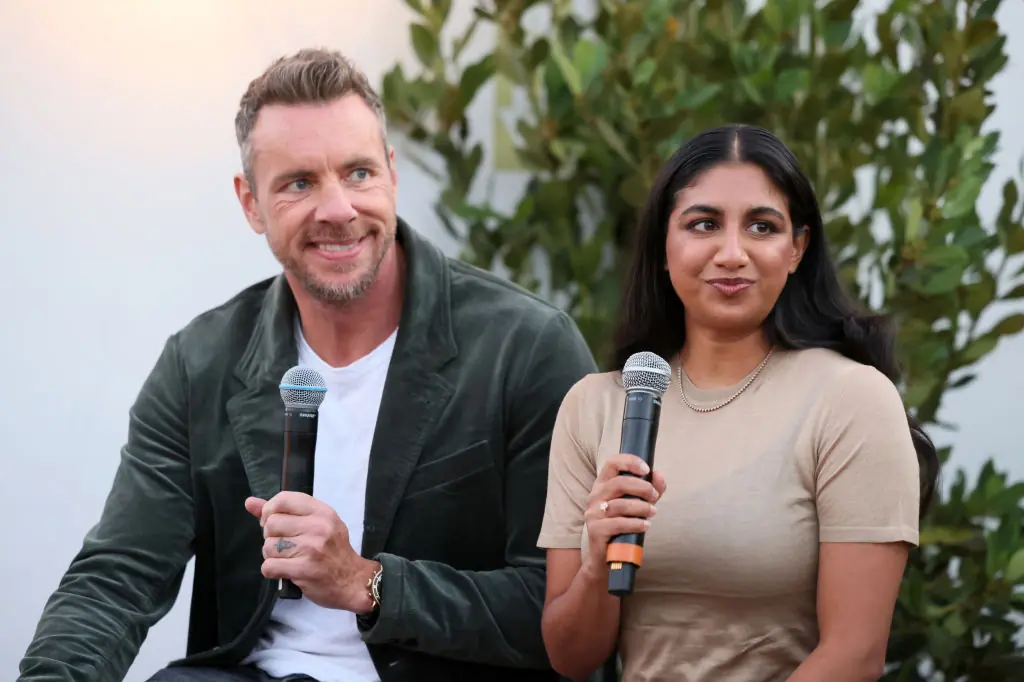 Dax Shepard and Monica Padman host a podcast together. Credit: Rodin Eckenroth / Getty