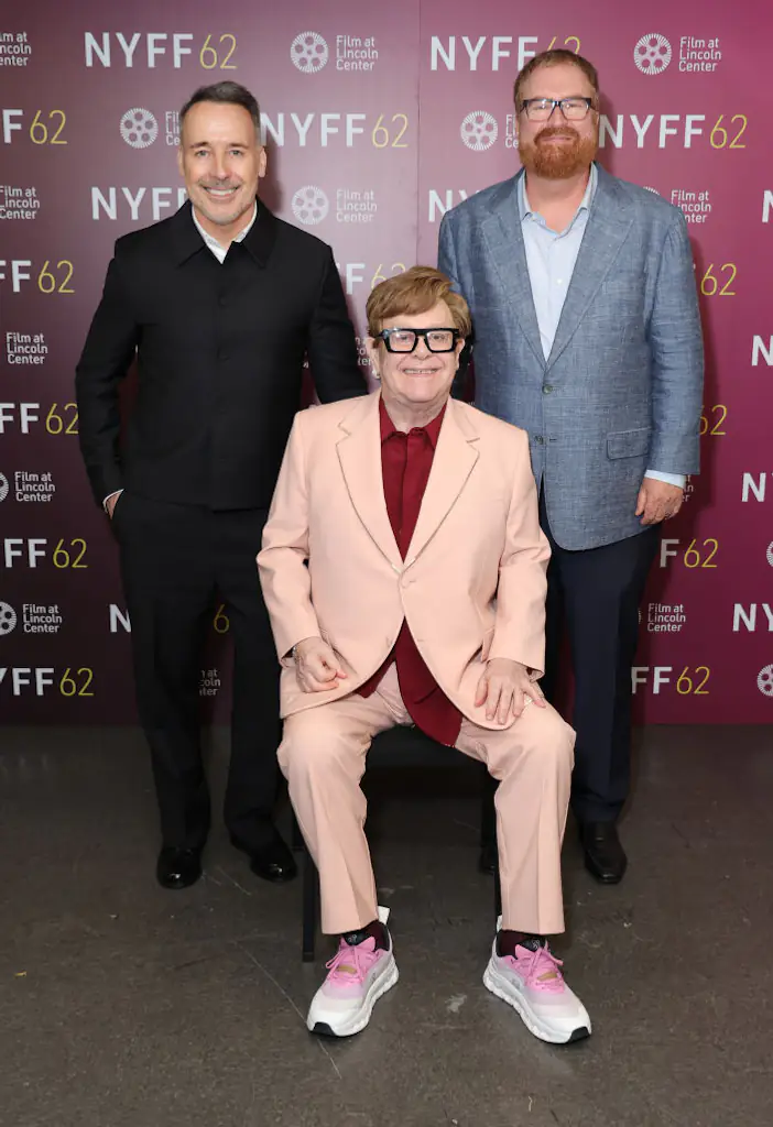 David Furnish, Elton John, and R. J. Cutler at the Elton John: Never Too Late screening. Credit: Michael Loccisano / Getty