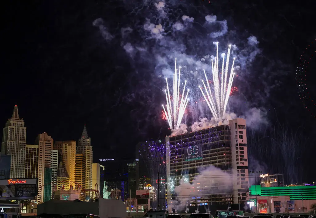 Fireworks and drones lit up the strip before the Tropicana was demolished. Credit: Ethan Miller/Getty Images