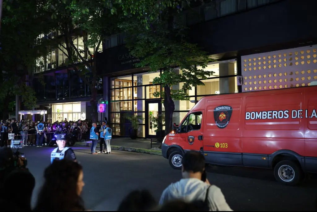 Police and firefighters work the scene at Casa Sur hotel where Liam Payne reportedly died. Credit: Tobias Skarlovnik / Getty