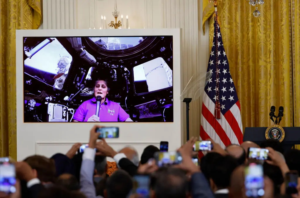 Sunita “Suni” Williams  speaking from the ISS. Credit: Kevin Dietsch / Getty