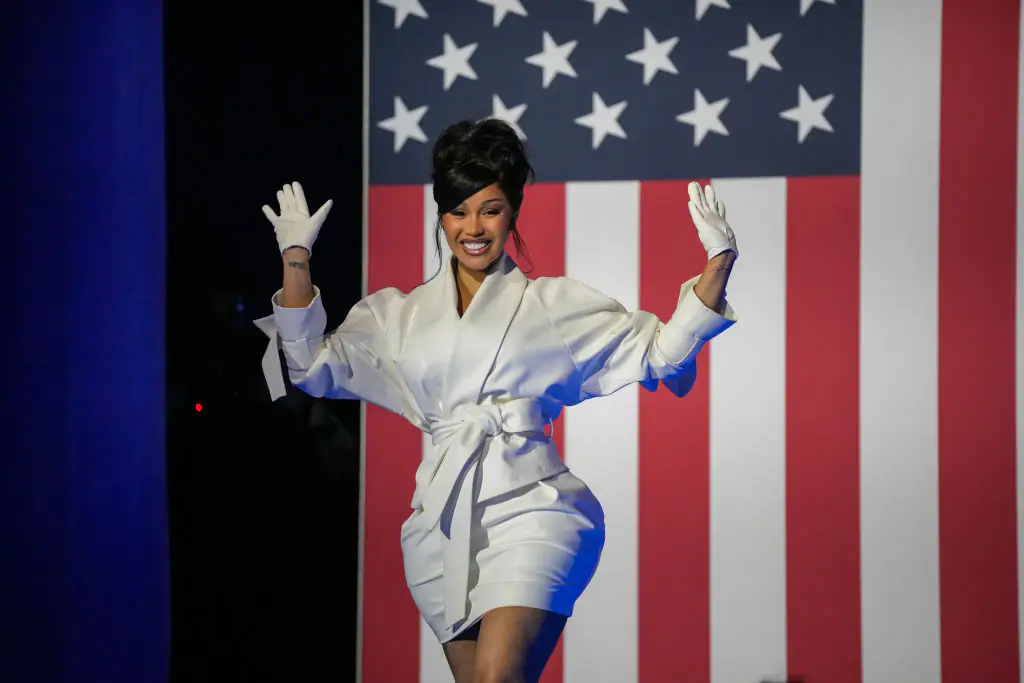 Cardi B arrives for a Kamala Harris campaign rally. Credit: Ilya S. Savenok / Getty