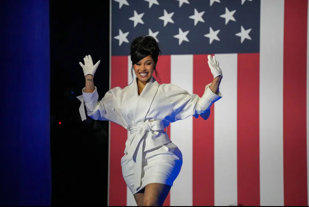 Cardi B arrives for a Kamala Harris campaign rally. Credit: Ilya S. Savenok / Getty