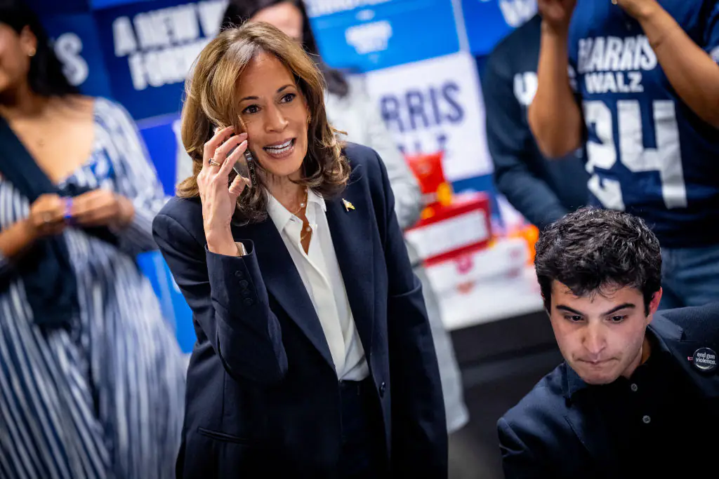 Kamala Harris visited a phone bank event at the Democratic National Committee headquarters on Election Day. Credit: Andrew Harnik / Getty