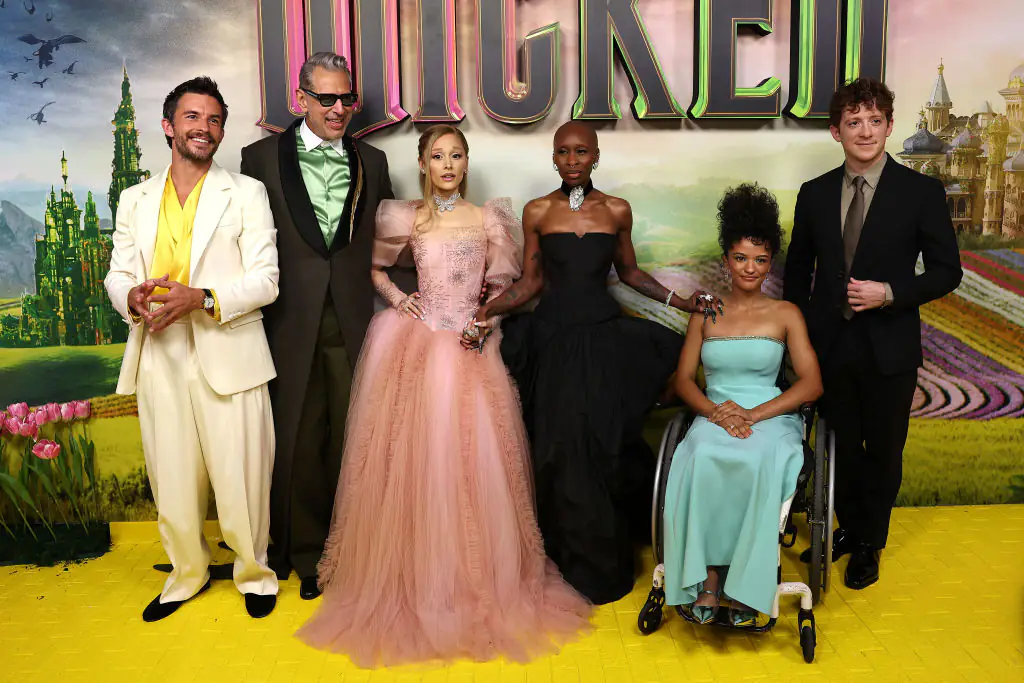 Jonathan Bailey, Jeff Goldblum, Ariana Grande, Cynthia Erivo, Marissa Bode and Ethan Slater. Credit: Don Arnold / Getty