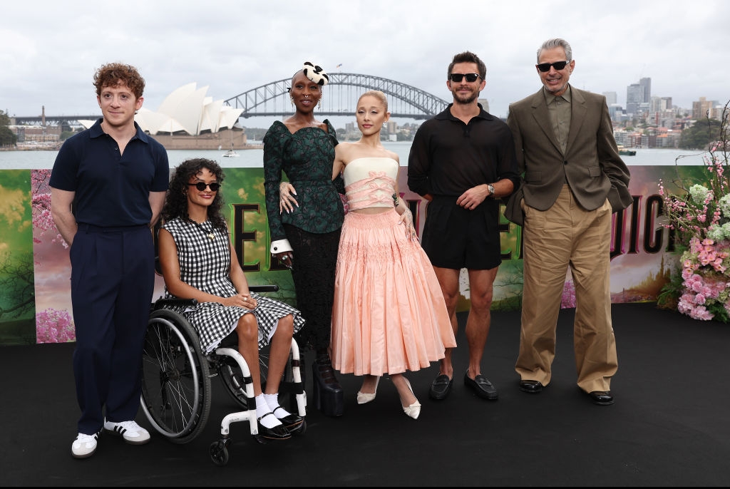 Ethan Slater, Marissa Bode, Cynthia Erivo, Ariana Grande, Jonathan Bailey and Jeff Goldblum pose for a photocall for the Australian premiere of Wicked.