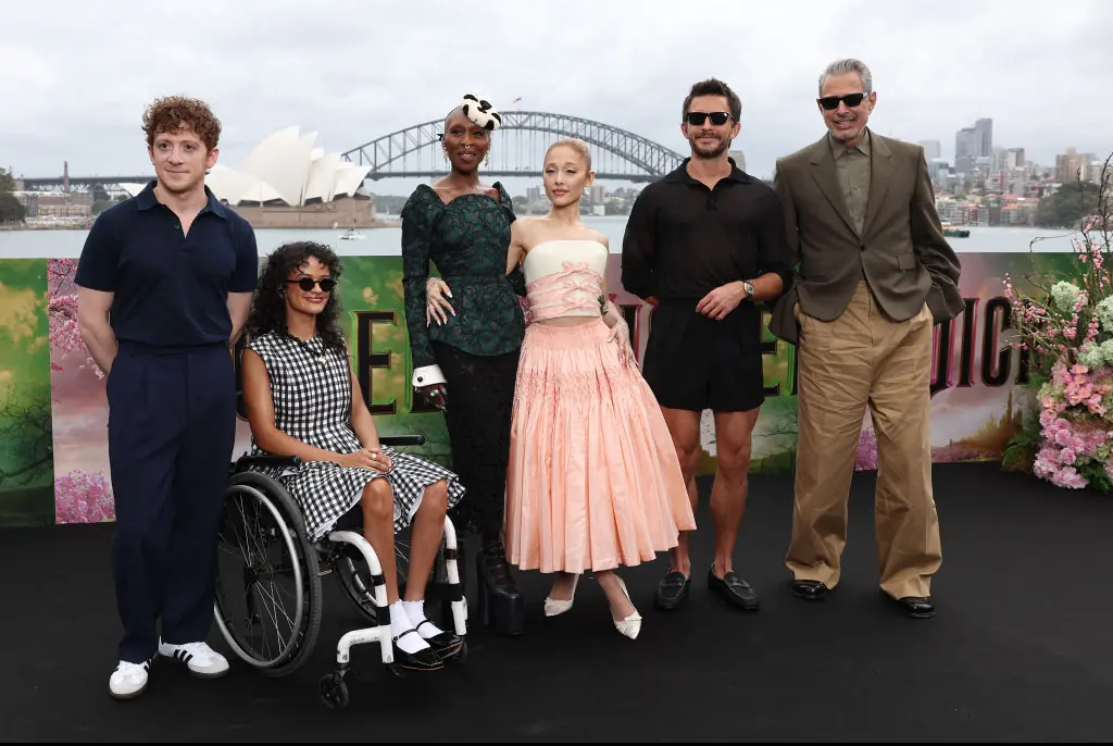 Ethan Slater, Marissa Bode, Cynthia Erivo, Ariana Grande, Jonathan Bailey and Jeff Goldblum. Credit: Don Arnold / Getty
